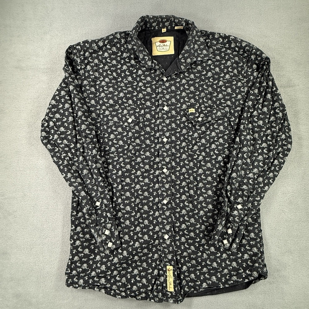 Larry Mahan Western Pearl Snap Shirt Mens L Black Floral Cowboy Rodeo Vintage